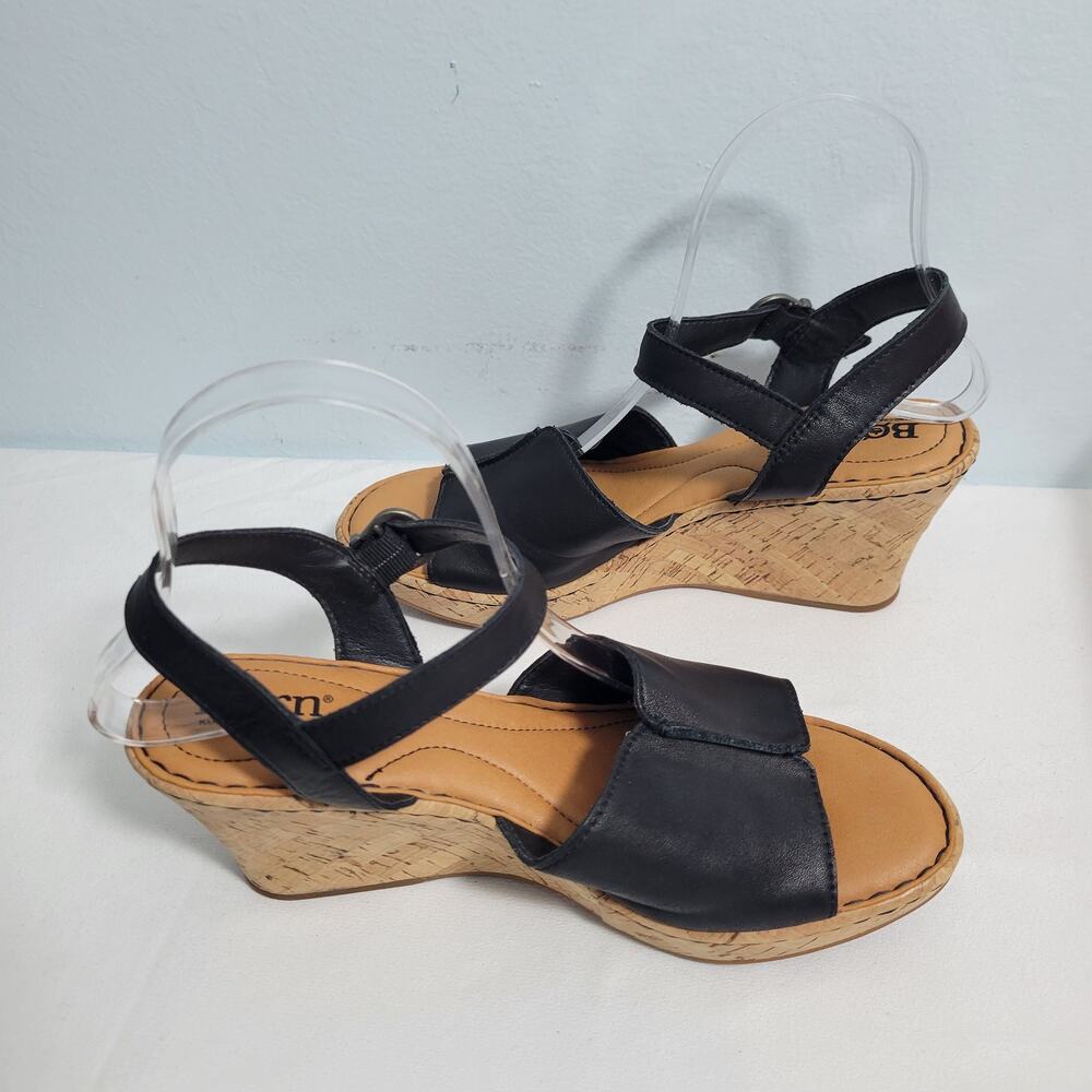 Born Agnio Women's Black Leather Cork Wedge Sandals Size 9M 81825-2788 - Picture 5 of 6
